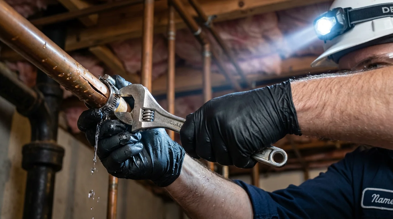 Emergency pipe clamp repair being performed by a Johns Plumbing LLC plumber in Madisonville