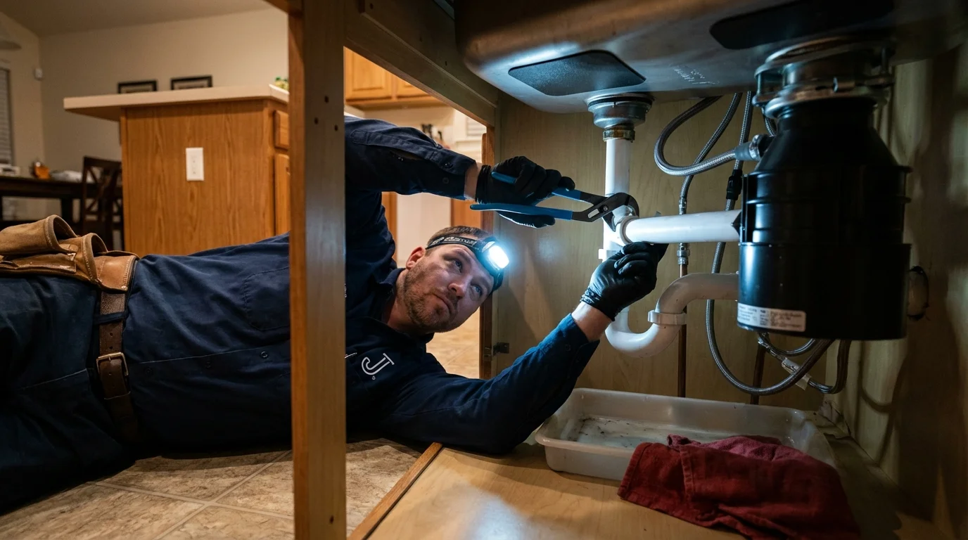 P-trap and supply line connections under a kitchen sink showing a common leak point in Madisonville, TN